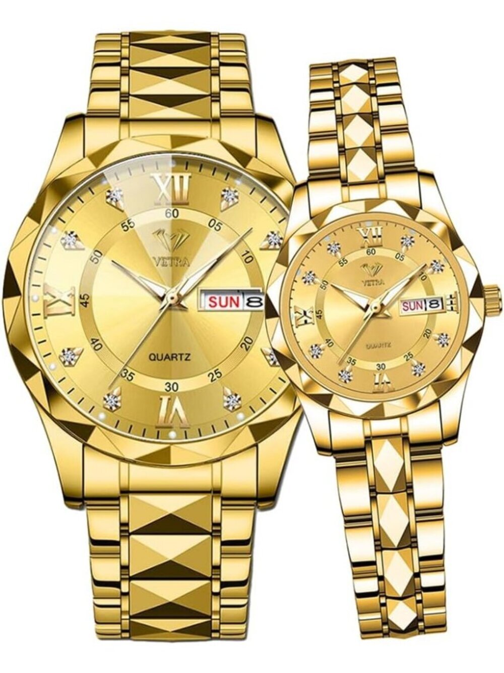 Men Women's Gold band and Gold dial Couple Watches Set Luxury Diamond for Lovers